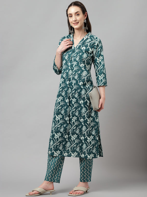 Dark Peacock Blue Printed Cotton Dress with Pants
