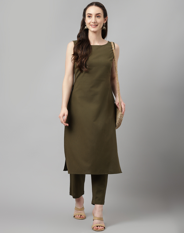 Olive Green Plain Rayon Dress