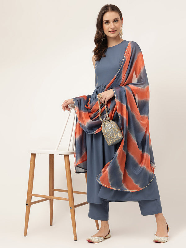 Light Blue Poly Crepe Dress with Chinon Dupatta