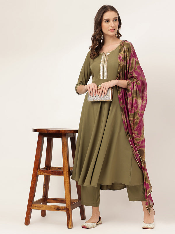 Olive Green Poly Crepe Dress with Chinon Dupatta