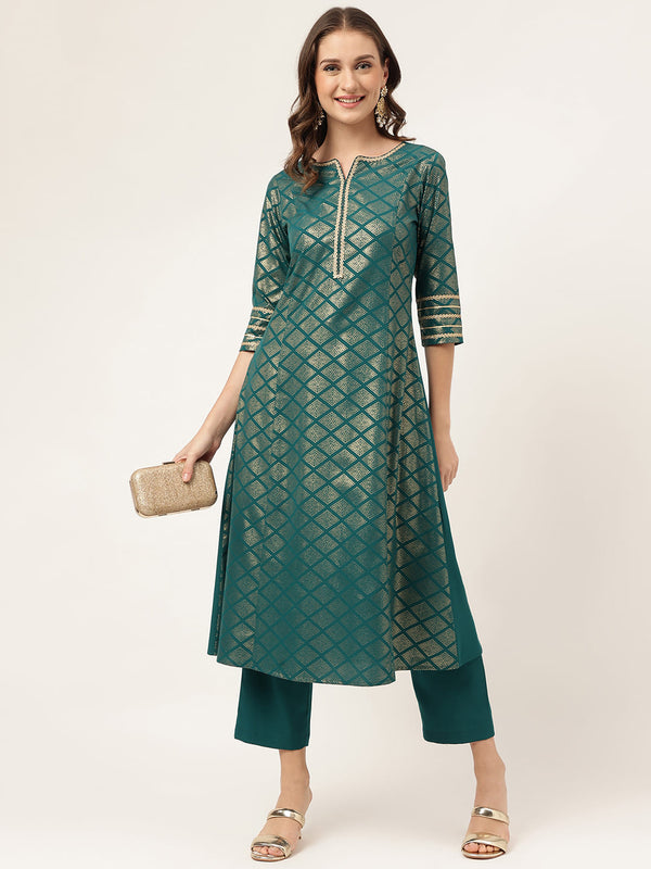 Pine Green Poly Crepe Kurti with Pant