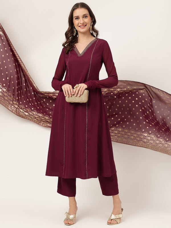 Burgundy Poly Crepe Dress with Dupatta