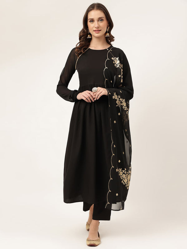 Black Floral Print Dress with Dupatta