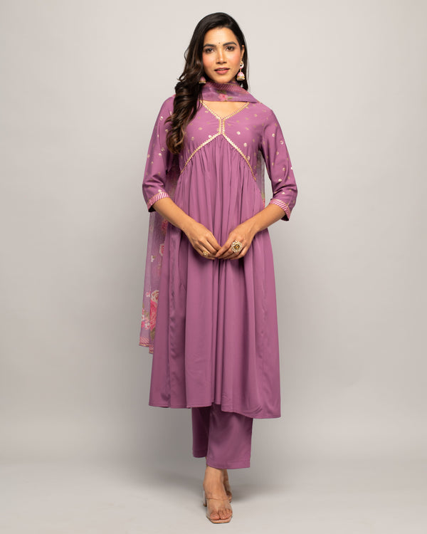 Lavender Floral Crepe Dress with Dupatta