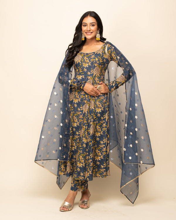Grey Floral Cotton Dress with Dupatta