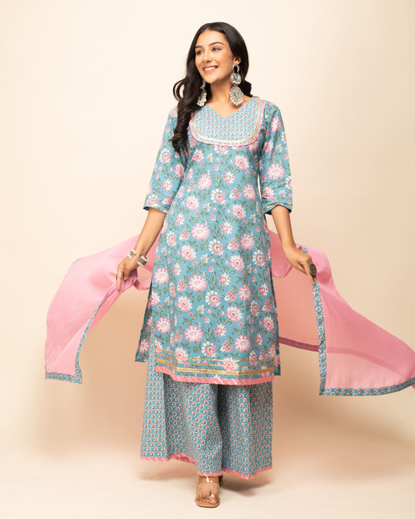Blue Floral Dress with Dupatta