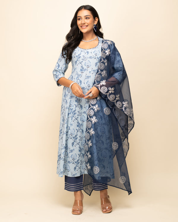 Floral Blue Dress with Gota Lacework Dupatta