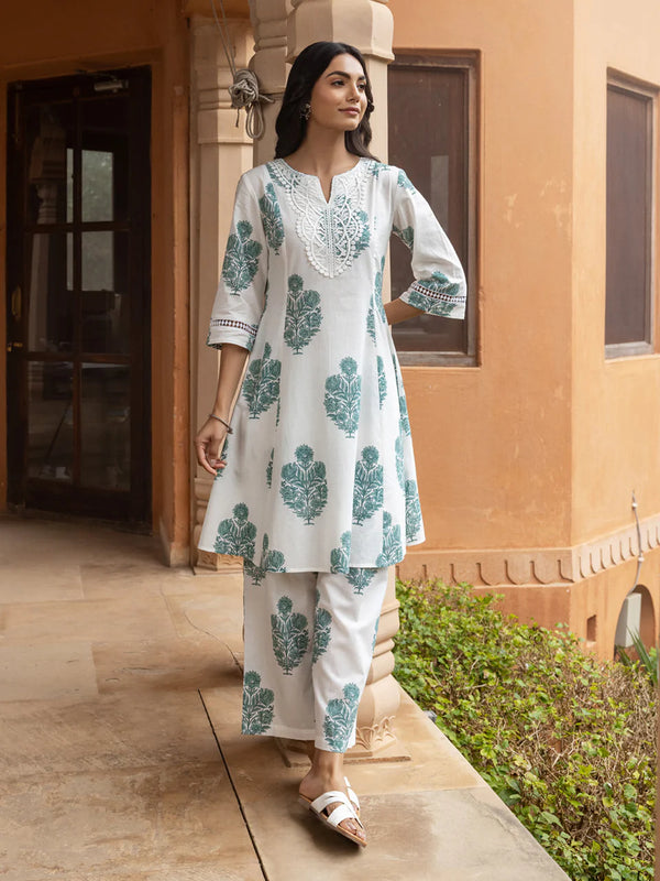 White Cotton Flared Kurta Set