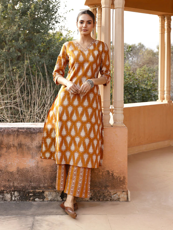 Mustard Cotton Printed Straight Kurta Set