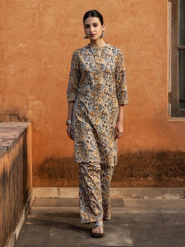 Floral Print Beige Cotton Kurta Set