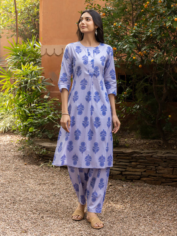 Blue Cotton Flared Co-ord Set