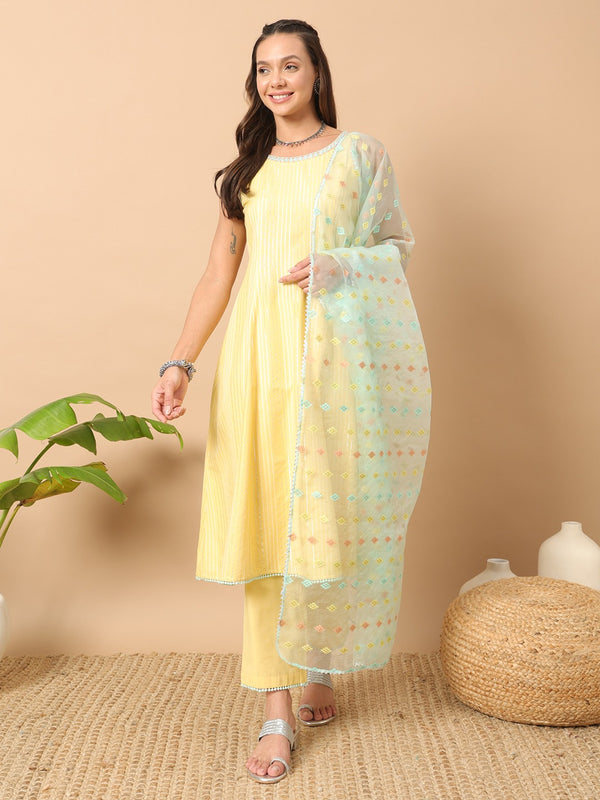 Sandalwood Yellow Cotton Dress with Dupatta