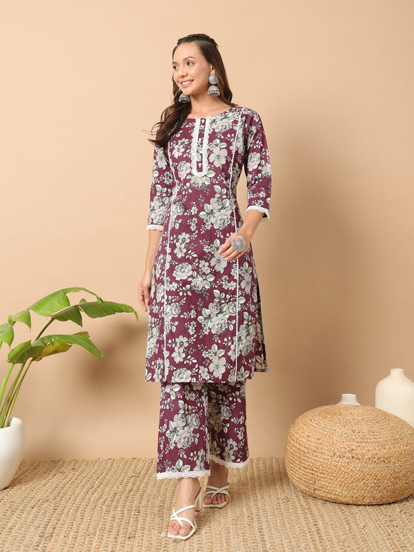 Purple Floral Printed Cotton Kurta with Pants