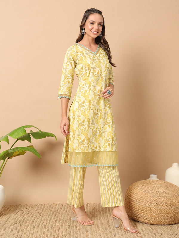 Yellow Floral Print Kurta with Pant