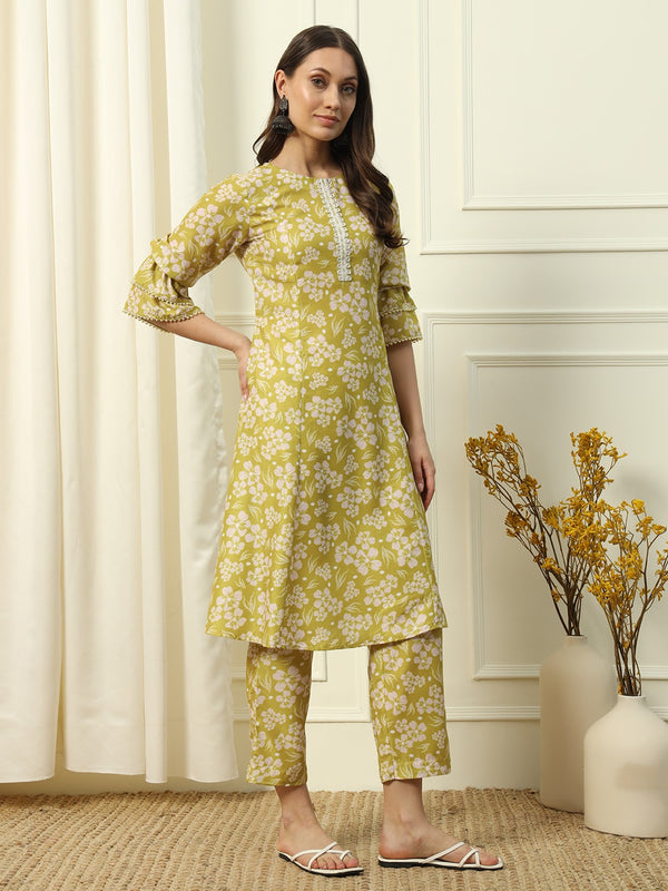 Mustard Yellow Floral Cotton Kurta with Pants