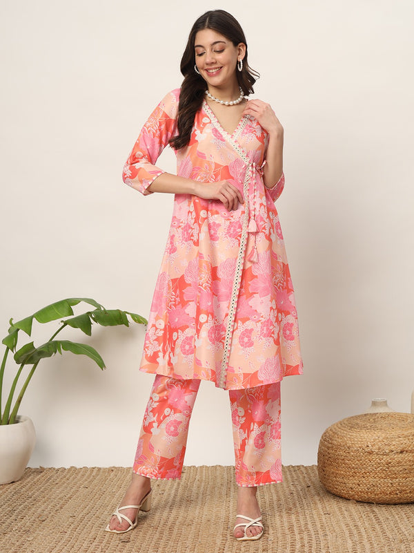 Floral Pink Angarkha styled Kurti with Pants