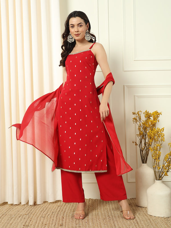 Red Crepe Kurta set with Dupatta and Plazzo