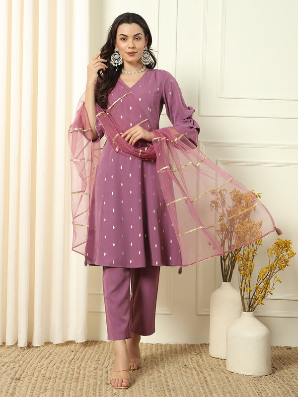 Flared Lavender Crepe Kurta with Dupatta and Pants