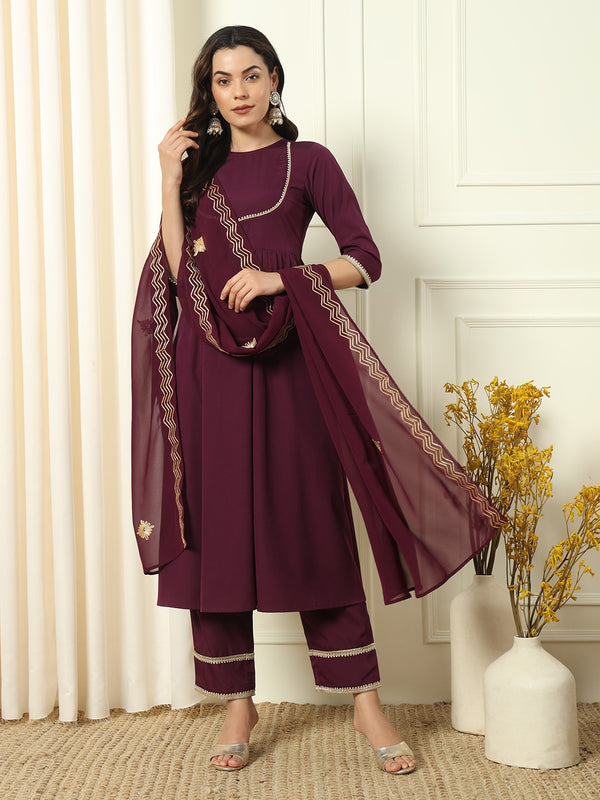 Flared Wine Red Crepe Kurta with Pants and Dupatta