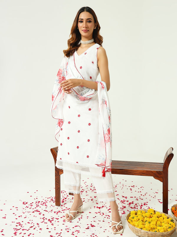 Elegant White Cotton Partywear Dress with Dupatta