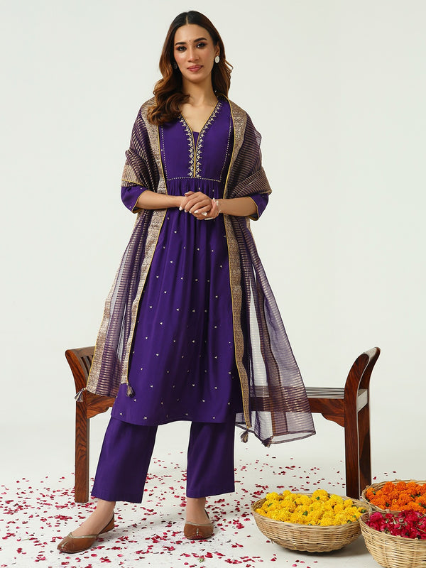 Indigo V-neck Chanderi Partywear Dress with Pants and Dupatta