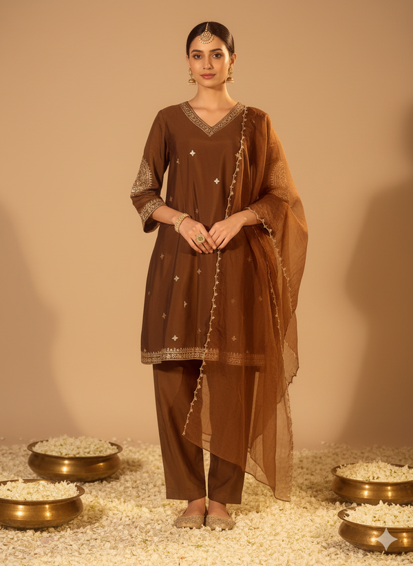Brown Chanderi Silk Embroidered Suit with Gotawork Dupatta
