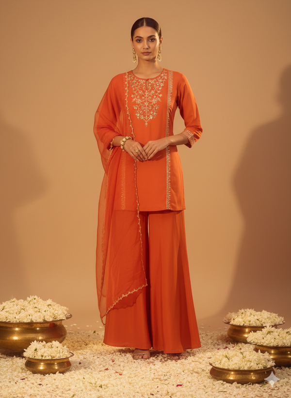 Orange Chanderi Silk Embroidered Suit with Dupatta