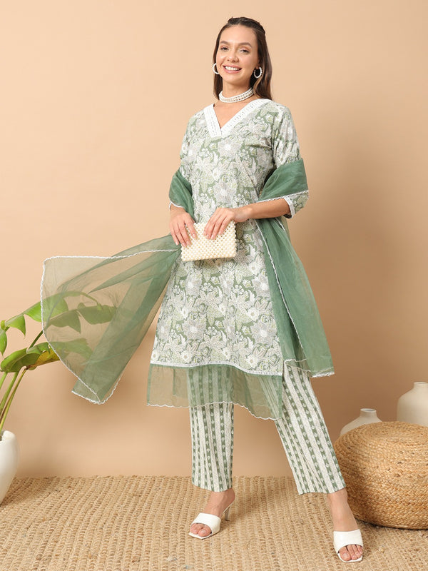 Olive Green and White Partywear Dress with Dupatta