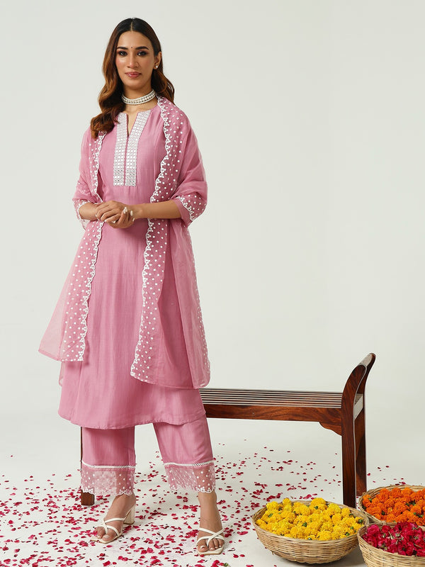 Pink Silk Blend Mirror work Kurti with Plazzo and Dupatta