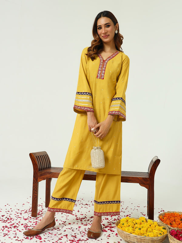 Elegant Yellow Chanderi Kurta and Pant with handwork