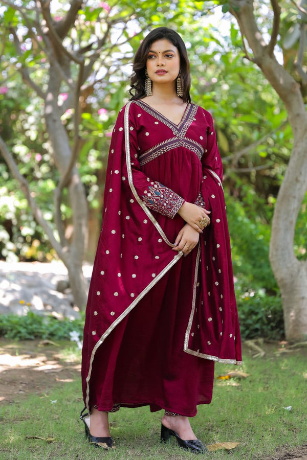Maroon Embroidered Anarkali Suit Set