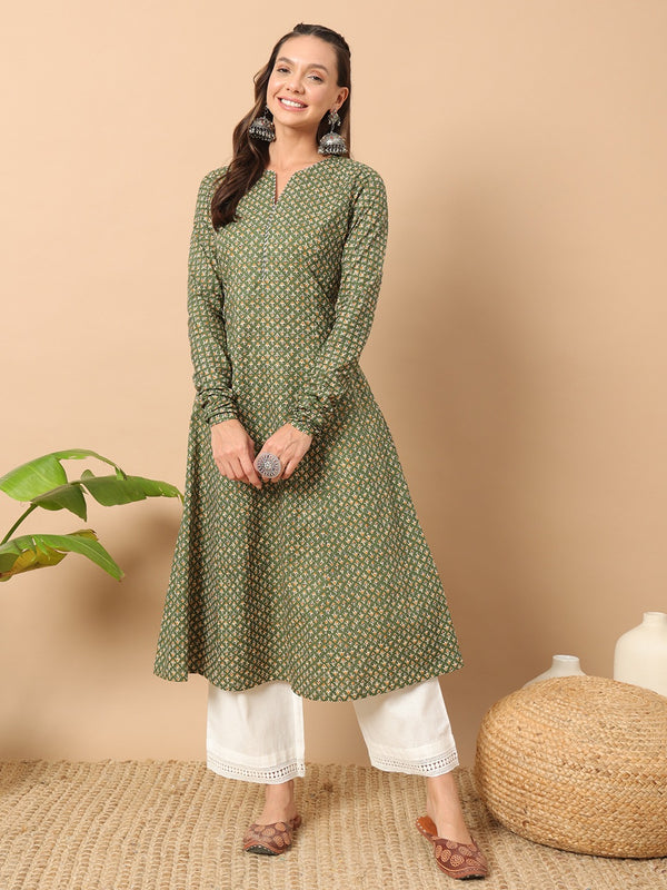 Olive Green Cotton Floral Printed Kurti