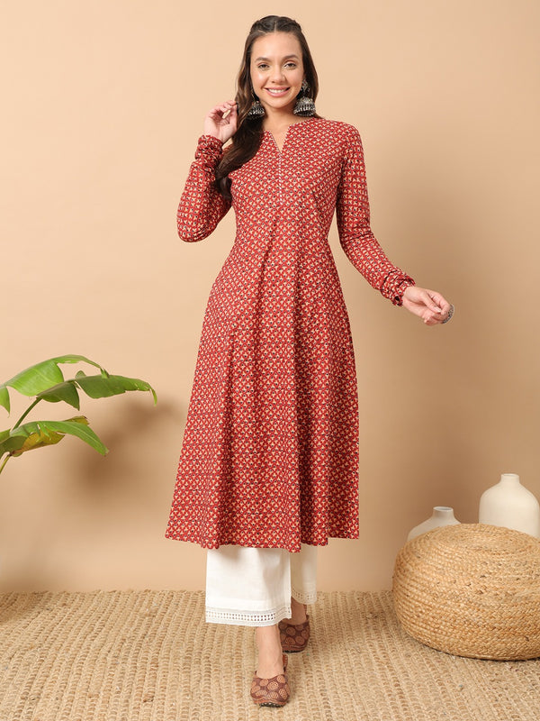 Red Cotton Floral Printed Kurti