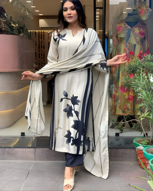 Off White Muslin Floral Kurta set with Dupatta