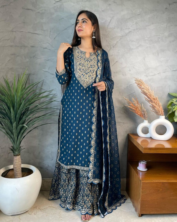 Embroidered Rayon Kurta Set with Sharara with Dori work