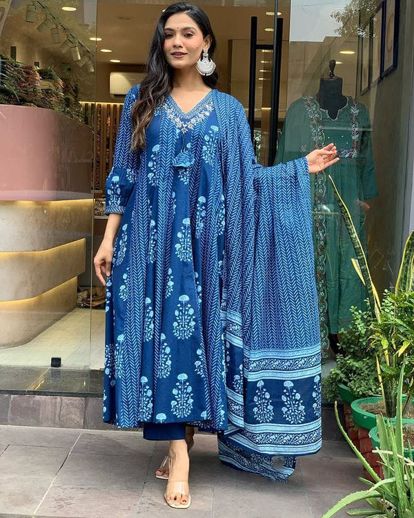 Blue Pure Cotton Anarkali Suit Set with Mul Dupatta