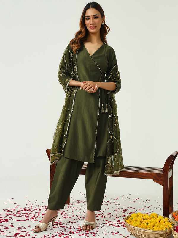 Olive Green Angarkha Kurta Set with Dupatta