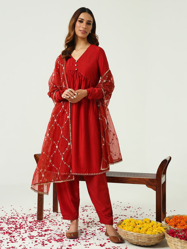 Red Angarkha Styled Kurta Set with Dupatta