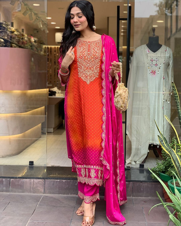 Orange Festivewear Suit with embroidery work