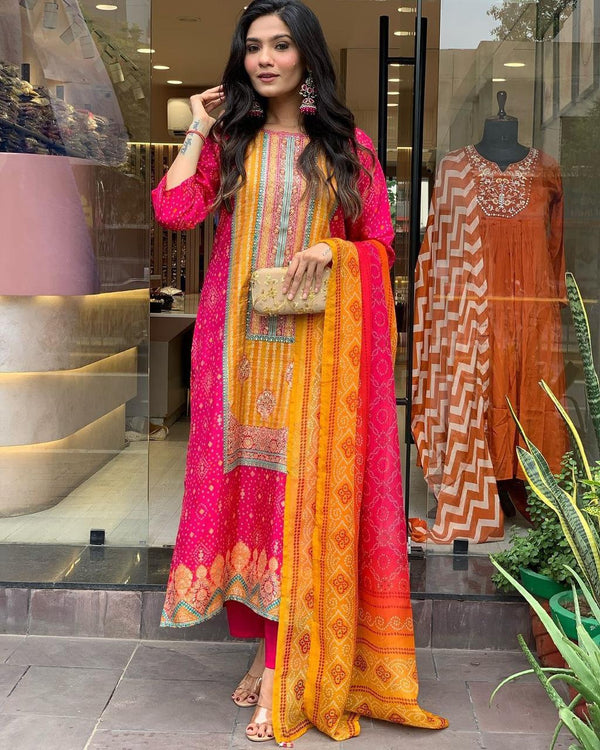 Multicoloured bandhni print with Stone work and Dupatta