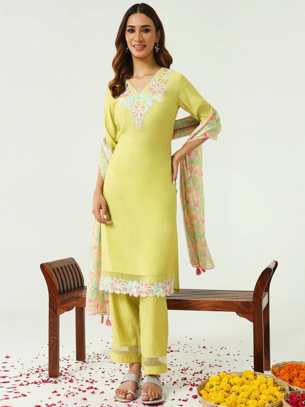 Yellow Embroidered Suit with Floral Dupatta
