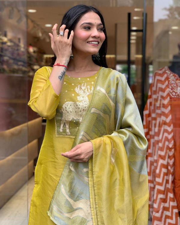 Yellow Animal Print Roman Silk Suit with stone work