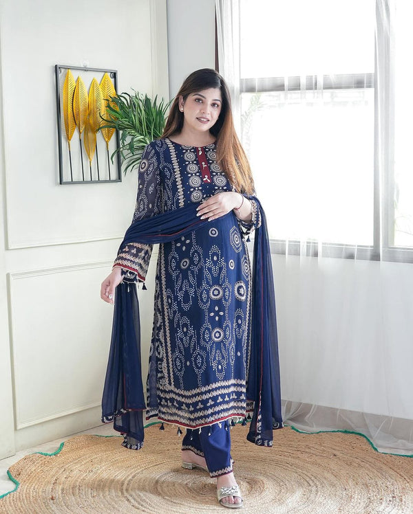 Navy Blue Printed Suit Set with Schiffli Hand work