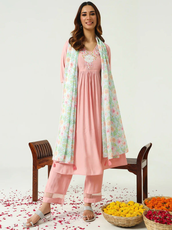 Pink Embroidered Suit with Floral Dupatta