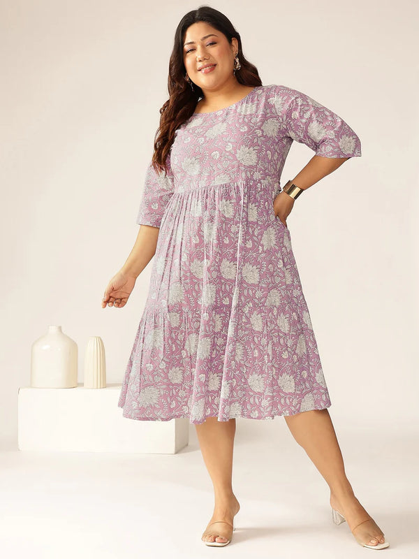 Plus Size Lavender Pure Cotton Printed Dress