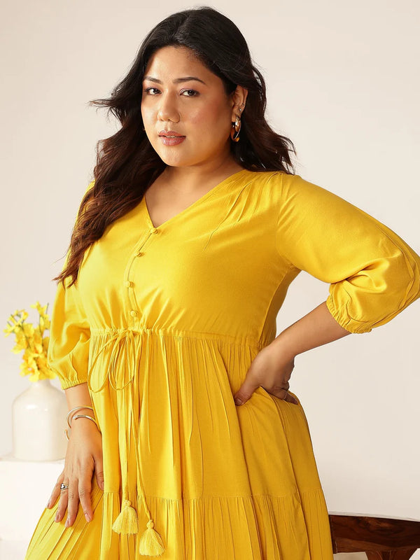 Plus Size Yellow Rayon Solid Dress
