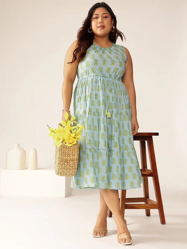 Plus Size Blue Pure Cotton Ethnic Motifs Printed Dress(with Pocket)