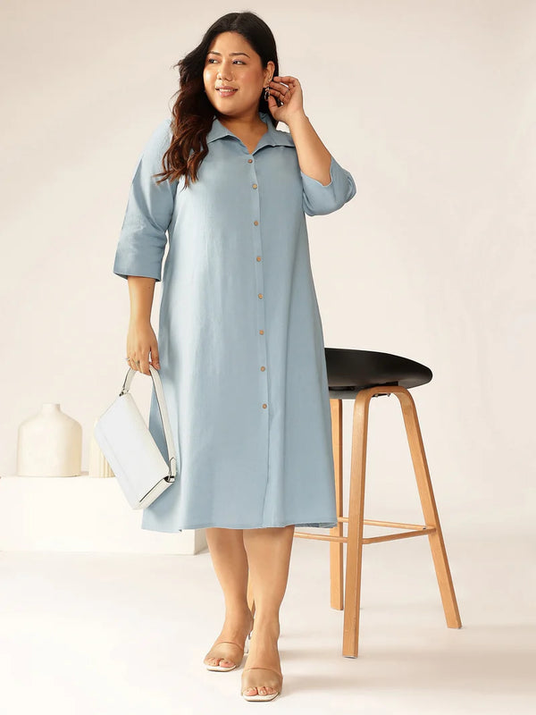 Plus Size Blue Cotton Solid Button down Shirt style A-line Dress