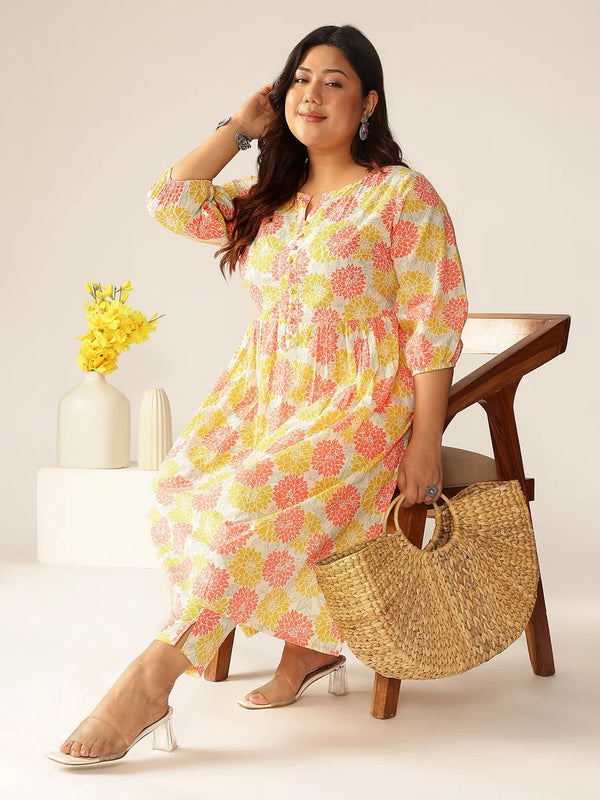 Plus Size Floral Pure Cotton Kurta Set