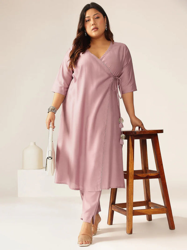 Plus Size Lavender Silk Blend Angarkha style Kurta Pant Set